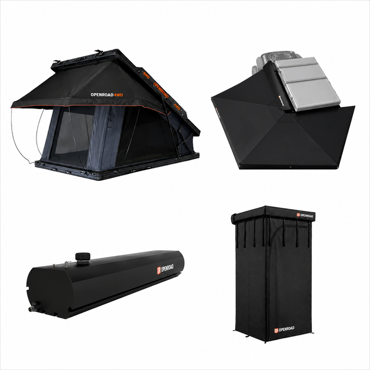 OPENROAD Aluminum Hard Shell Roof Top Tent and 270 Awning and Shower Awning and Water Tank 5 Gal Openroad4wd