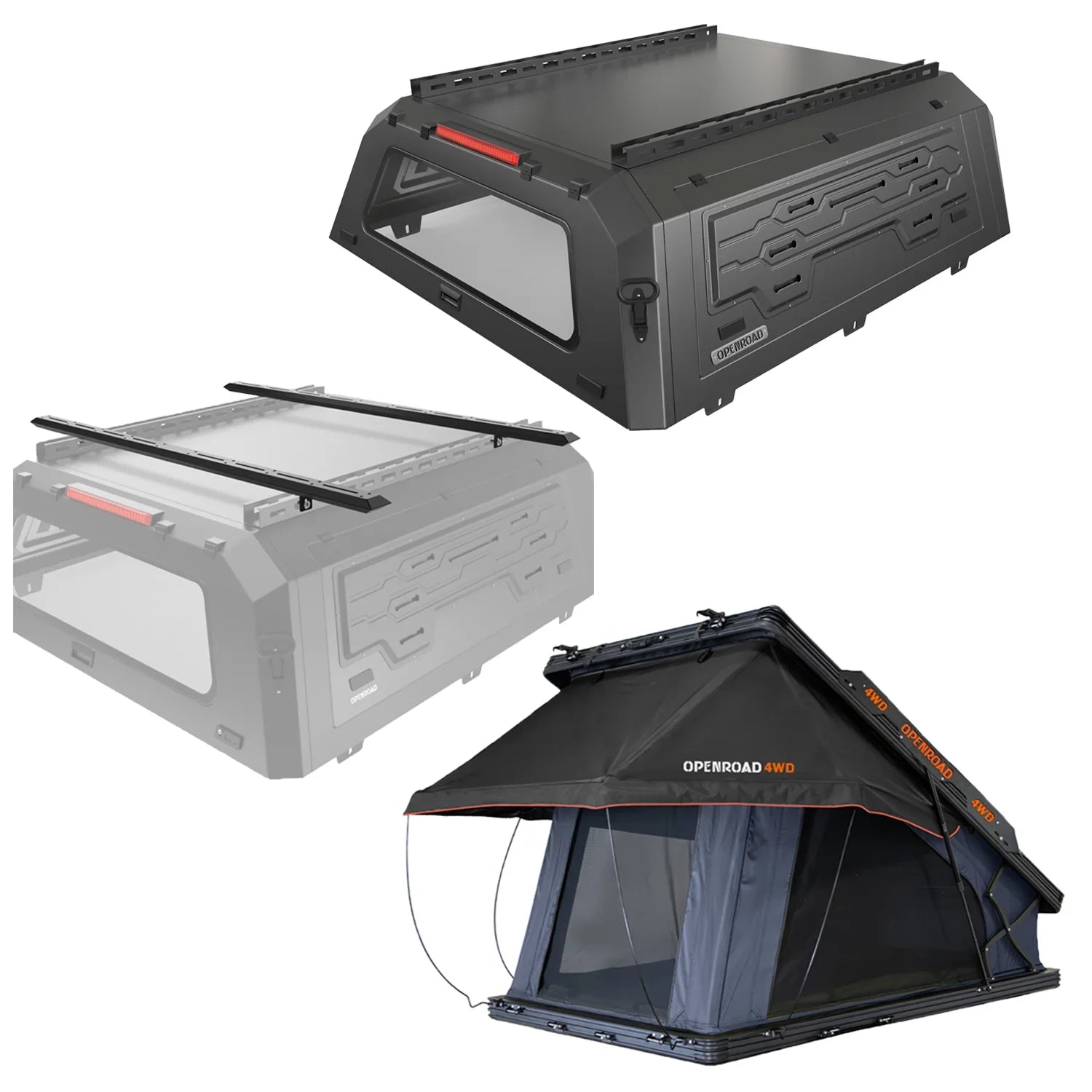 OPENROAD Aluminum Truck Cap with Roof Rack Crossbars with Aluminum Hard Shell Roof Top Tent Openroad4wd