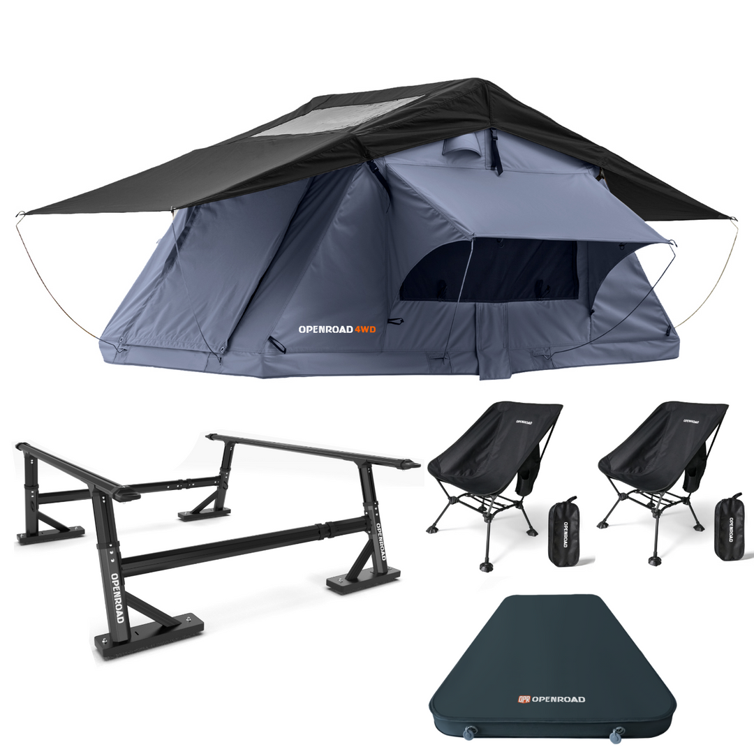 OPENROAD Soft Roof Top Tent with Bed Rack with Two Lightweight Foldable Chair and Self-Inflating Mattress Pad Openroad4wd