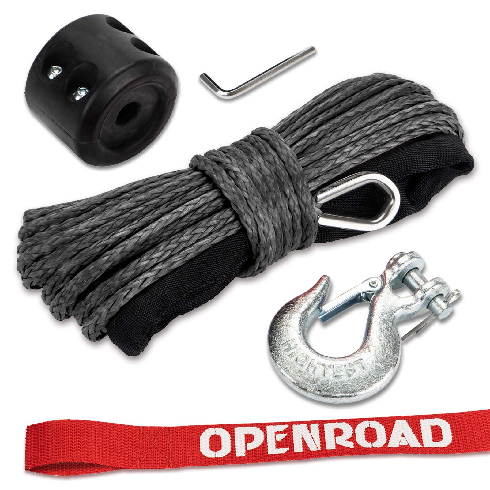 OPENROAD Synthetic Winch Rope 1/4" x 50'Winch Rope Extension with Black Removable Hook and ATV New Adjustable Rubber Blocks  openroad4wd.com Gray  