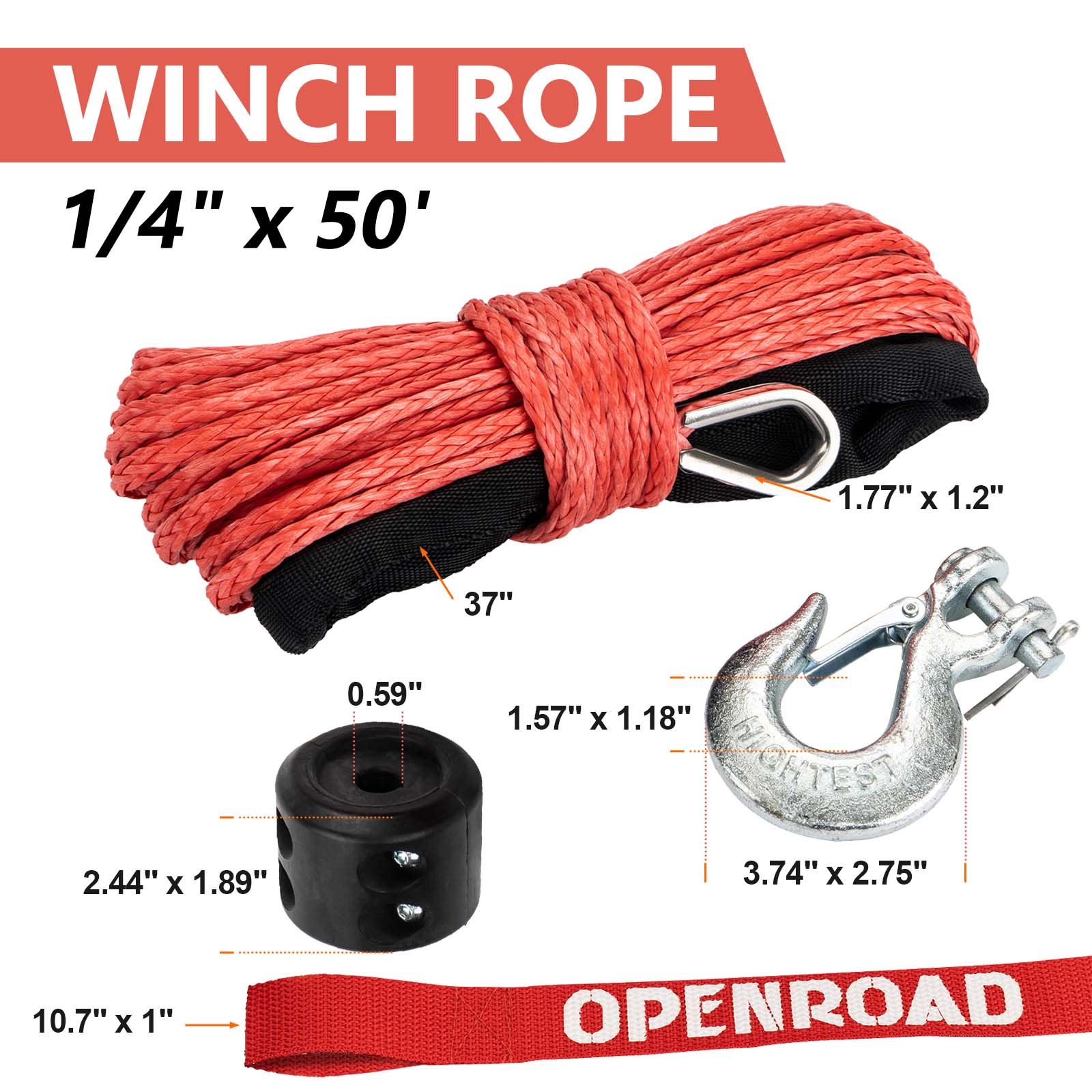 OPENROAD Synthetic Winch Rope 1/4" x 50'Winch Rope Extension with Black Removable Hook and ATV New Adjustable Rubber Blocks  openroad4wd.com   