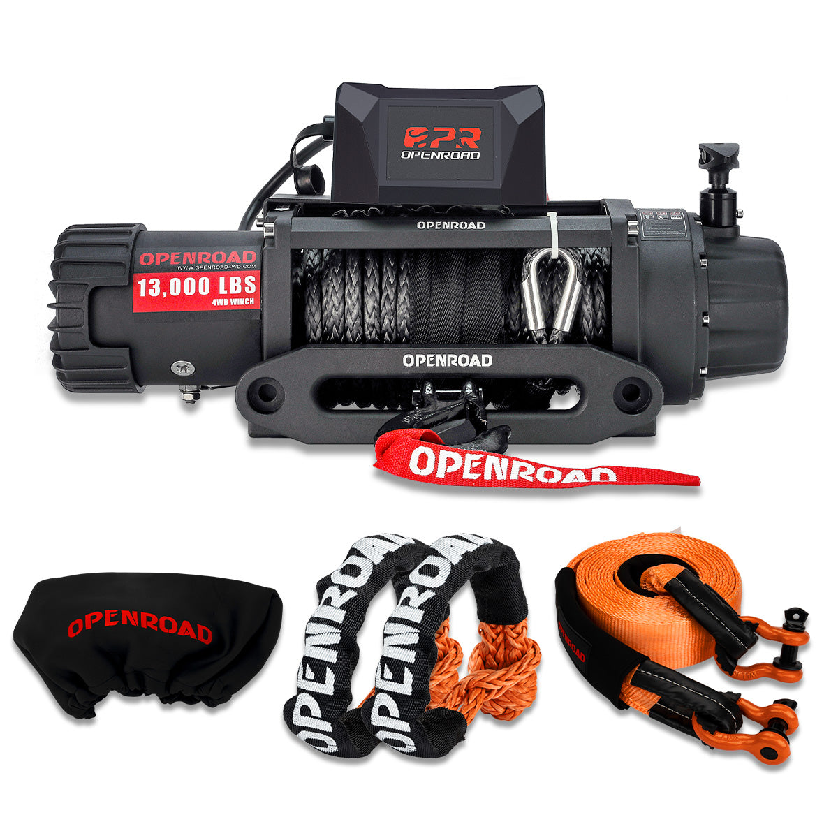 13000lbs Electric Winch with cover+soft shackle(2pcs)+Heavy Duty Tow Strap3''x30' (35,000 lbs)  openroad4wd.com   