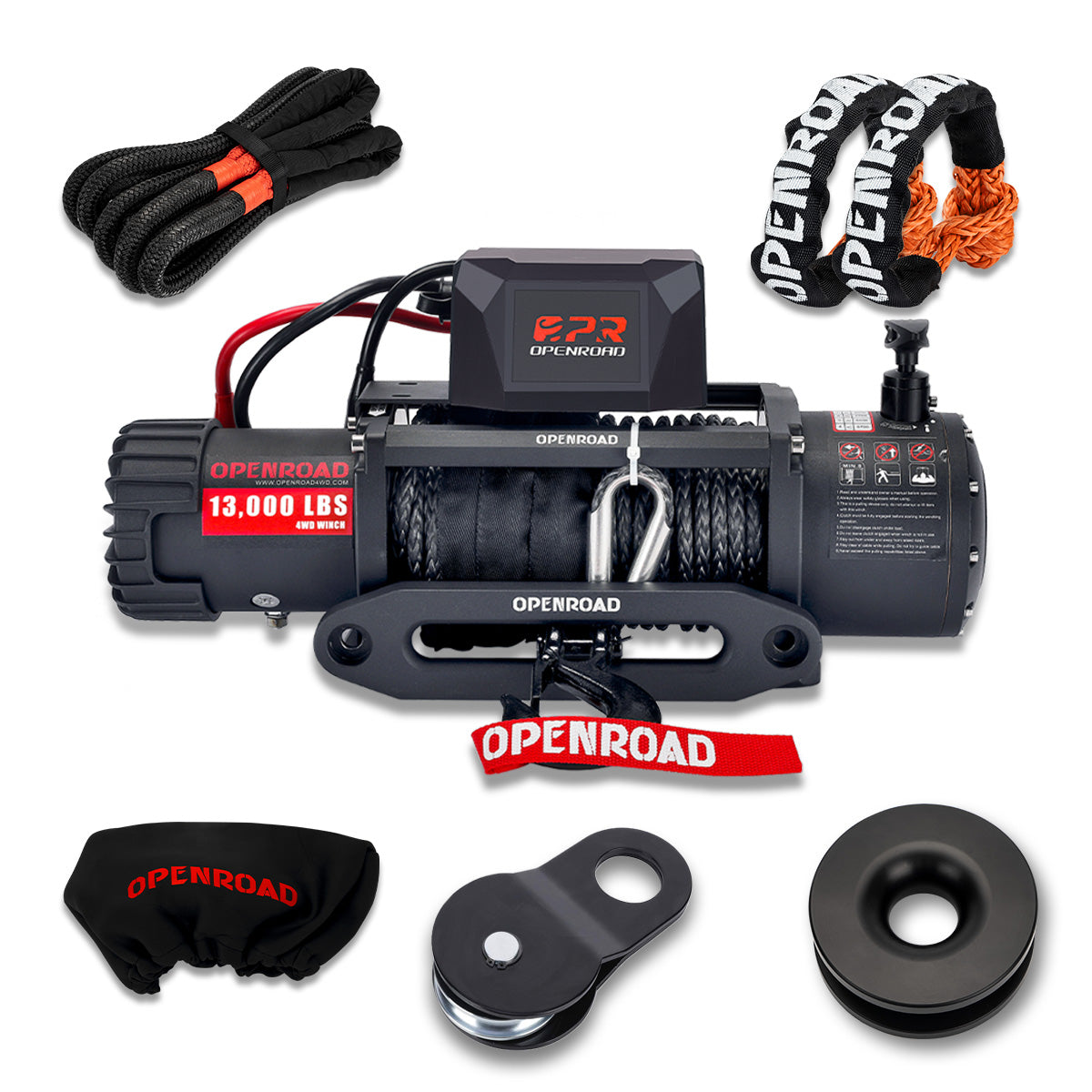 13000 lbs electric winch with cover + soft shackle(2pcs)+Tow Rope (25,000lbs)+Winch Pulley (20000LB)+Winch Hook Shackle  openroad4wd.com   