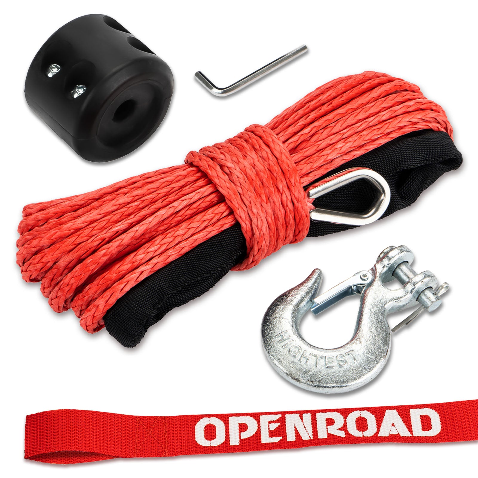 OPENROAD Synthetic Winch Rope 3/16'' x 50'Winch Rope Extension with Galvanized Removable Hook and ATV New Adjustable Rubber Blocks  openroad4wd.com Red  