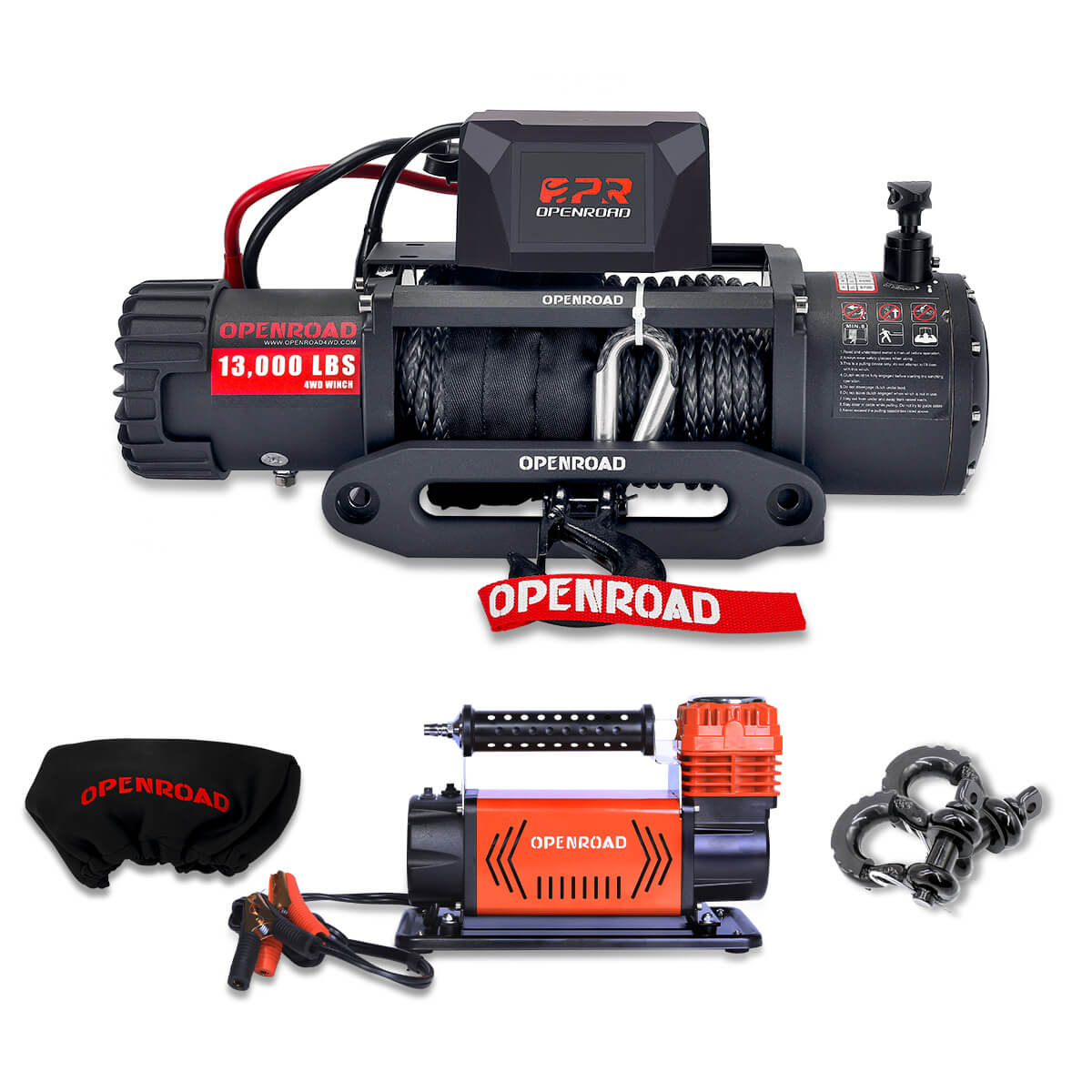 13000 lbs electric winch with cover + 5.65 CFM air compressor + 3/4" D-ring shackle  openroad4wd.com   